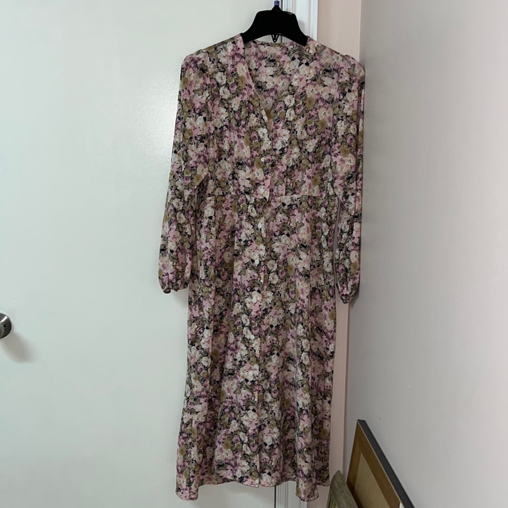 Pink and tan floral long-sleeved midi button down dress